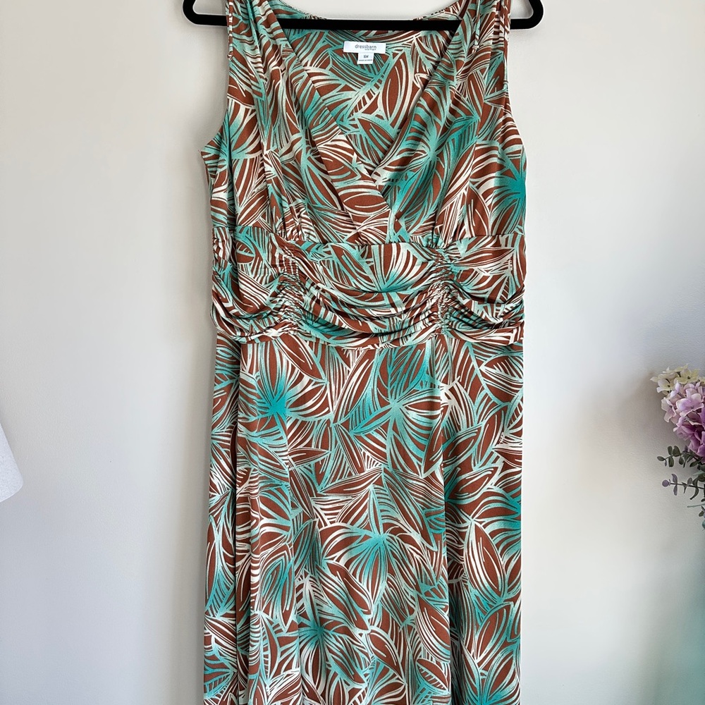 Dress Barn Teal and Brown Leaf Print Dress